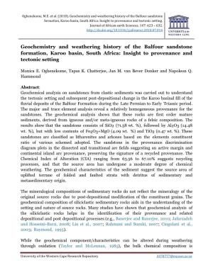 Geochemistry and Weathering History of the Balfour Sandstone Formation, Karoo Basin, South Africa: Insight to Provenance and Tectonic Setting