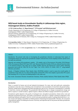 WQI Based Study on Groundwater Quality in Lakkavarapu Kota Region, Vizianagaram District, Andhra Pradesh G.V.R