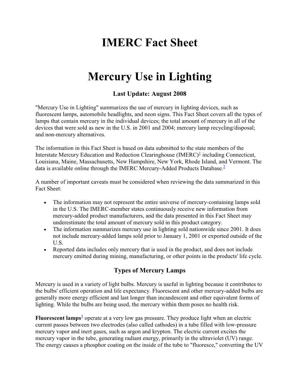 IMERC Fact Sheet Mercury Use in Lighting