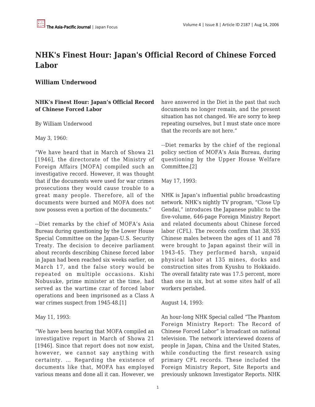 NHK's Finest Hour: Japan's Official Record of Chinese Forced Labor