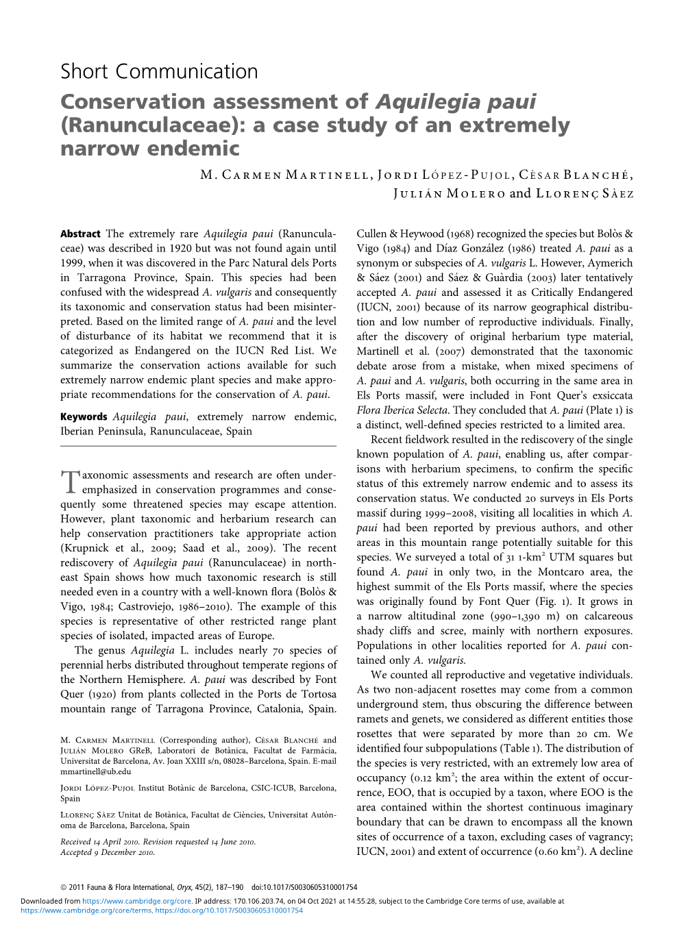 Short Communication Conservation Assessment of Aquilegia Paui (Ranunculaceae): a Case Study of an Extremely Narrow Endemic