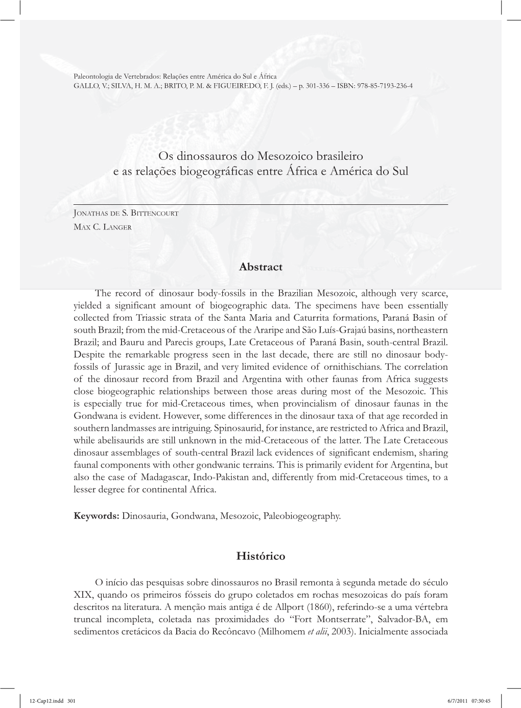 Os Dinossauros Do Mesozoico Brasileiro E As Relações Biogeográficas Entre África E América Do Sul