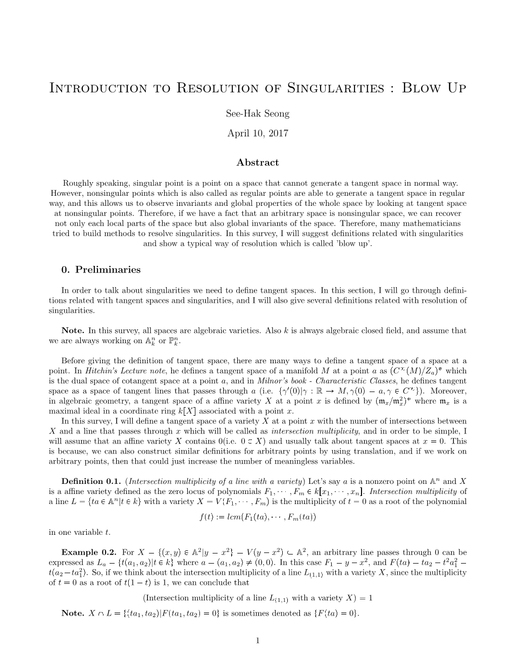 Introduction to Resolution of Singularities : Blow Up