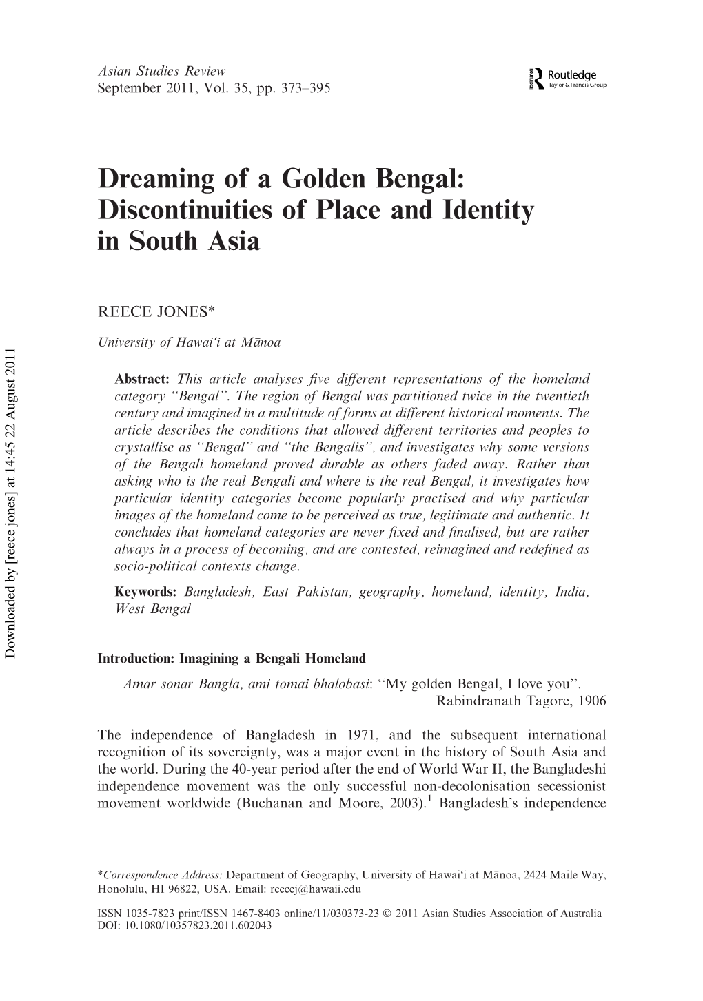 Dreaming of a Golden Bengal: Discontinuities of Place and Identity in South Asia