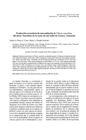 Producción Secundaria De Una Población De Chione Cancellata (Bivalvia: Veneridae) De La Costa Sur Del Golfo De Cariaco, Venezuela