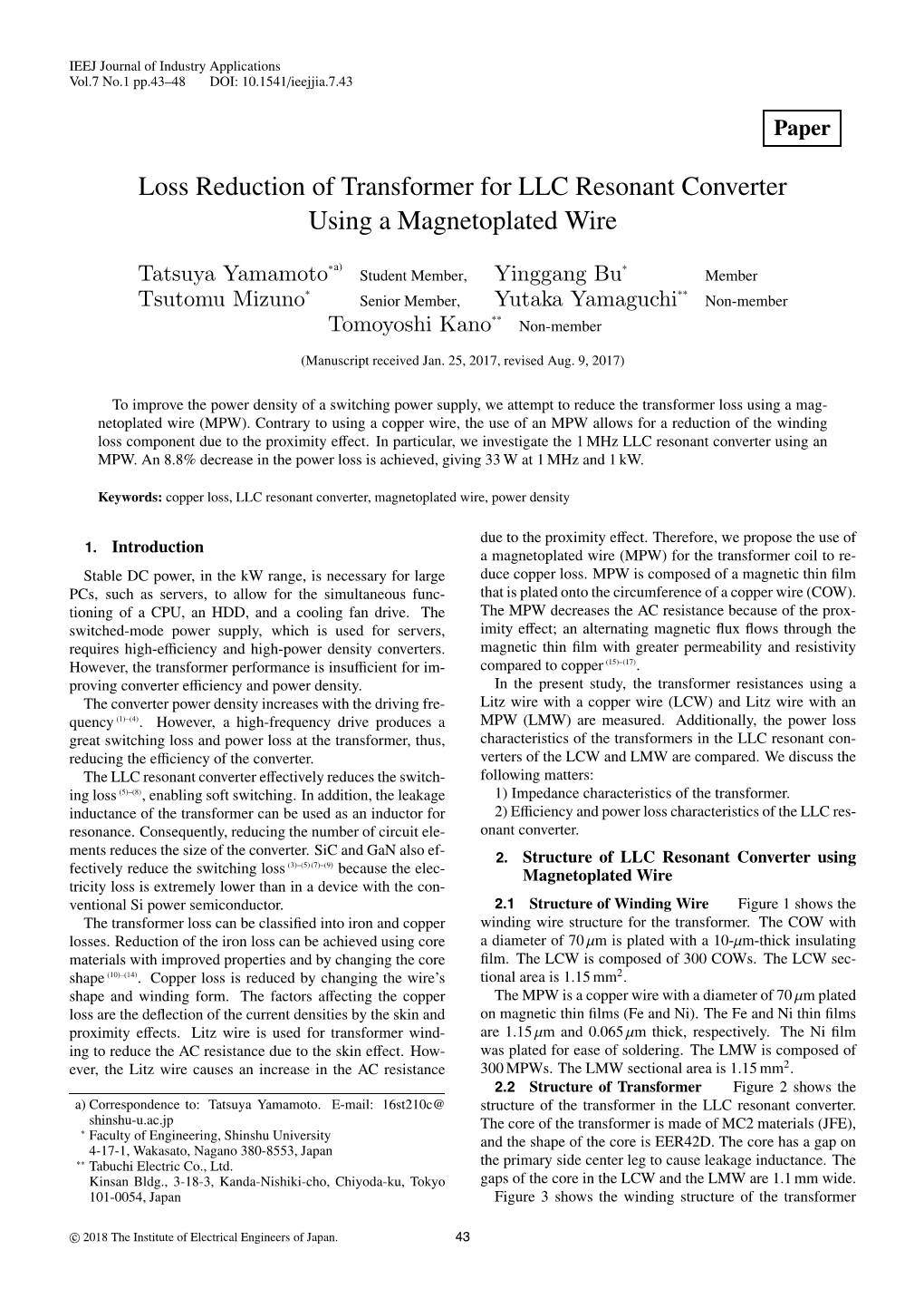 Loss Reduction of Transformer for LLC Resonant Converter Using a Magnetoplated Wire