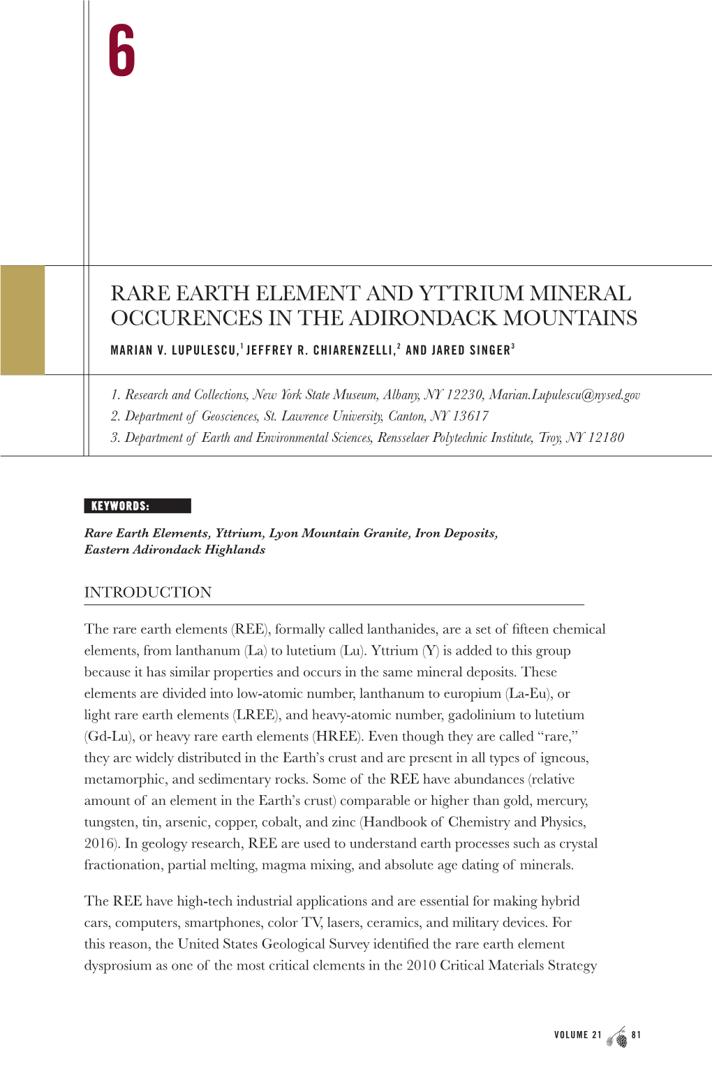 Rare Earth Element and Yttrium Mineral Occurences in the Adirondack Mountains Marian V