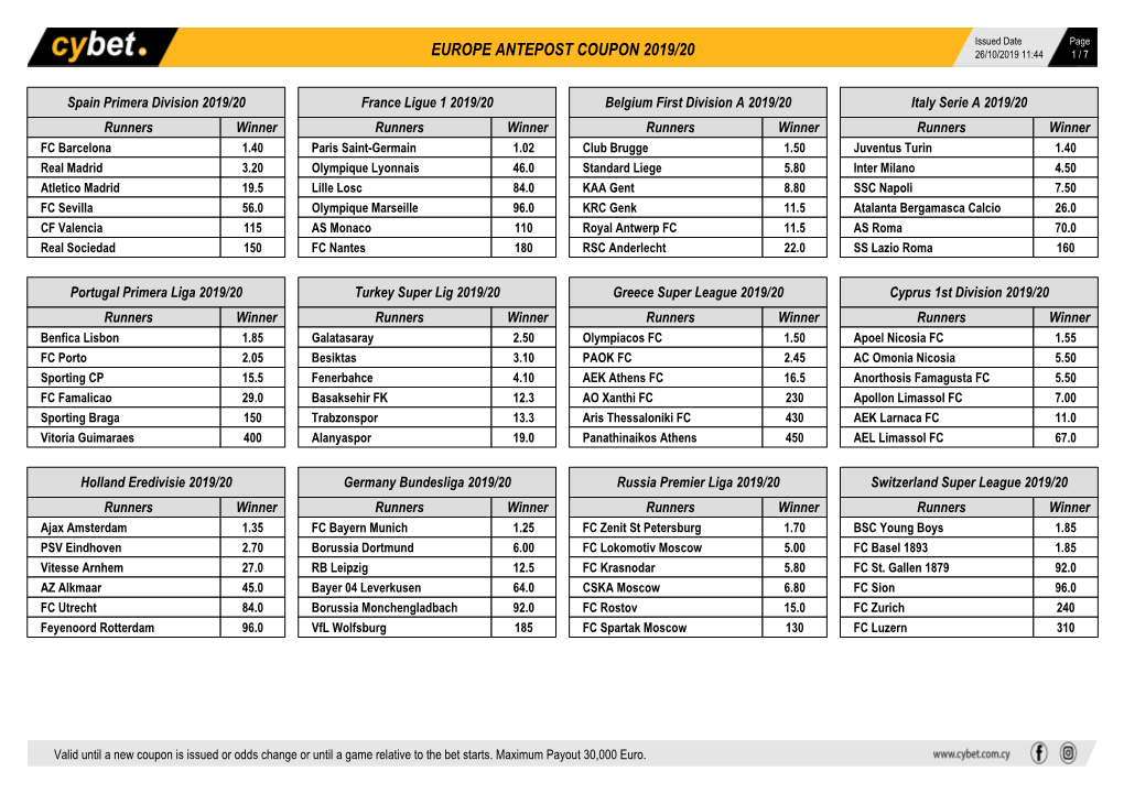 Europe Antepost Coupon 2019/20 26/10/2019 11:44 1 / 7