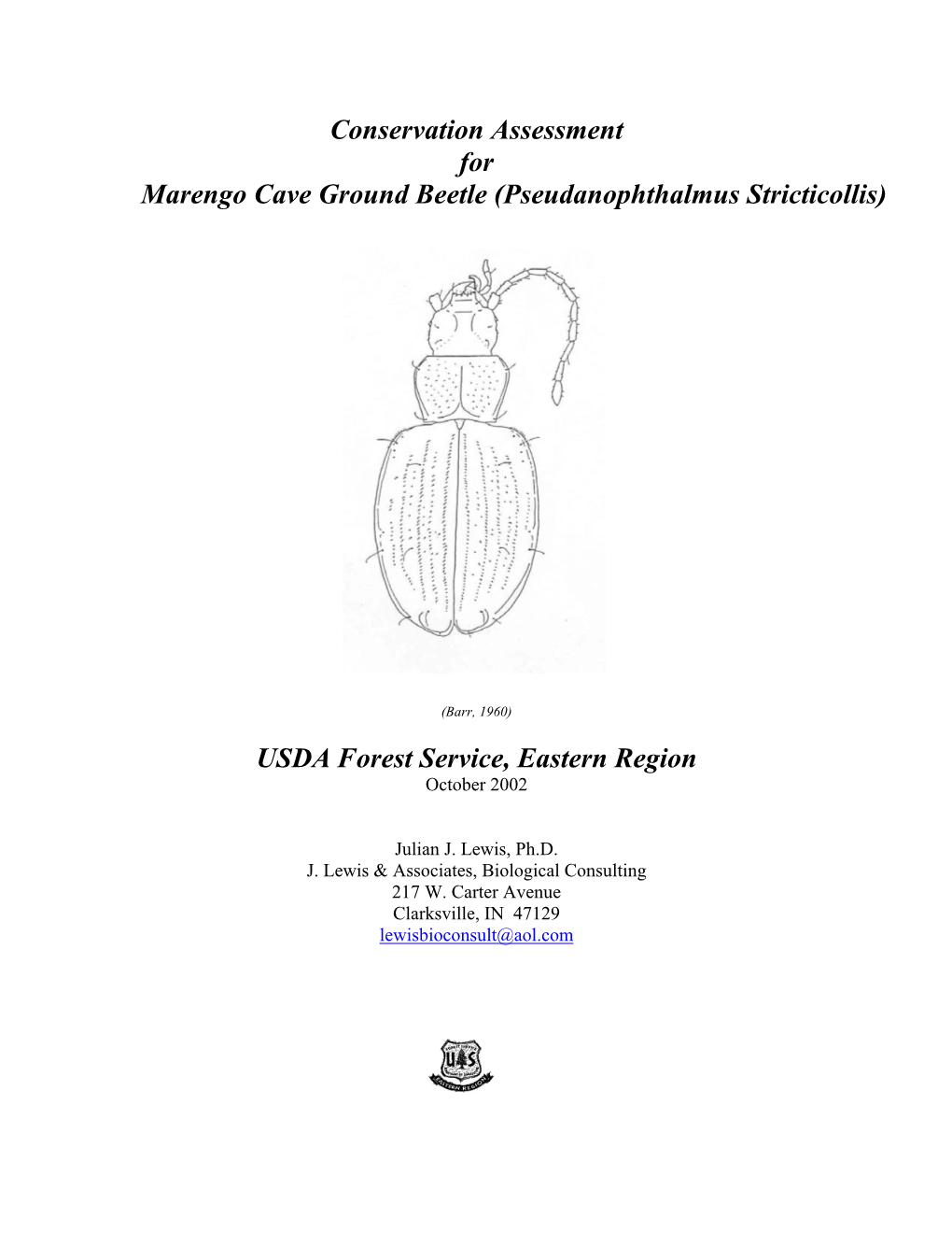 Conservation Assessment for Marengo Cave Ground Beetle (Pseudanophthalmus Stricticollis)