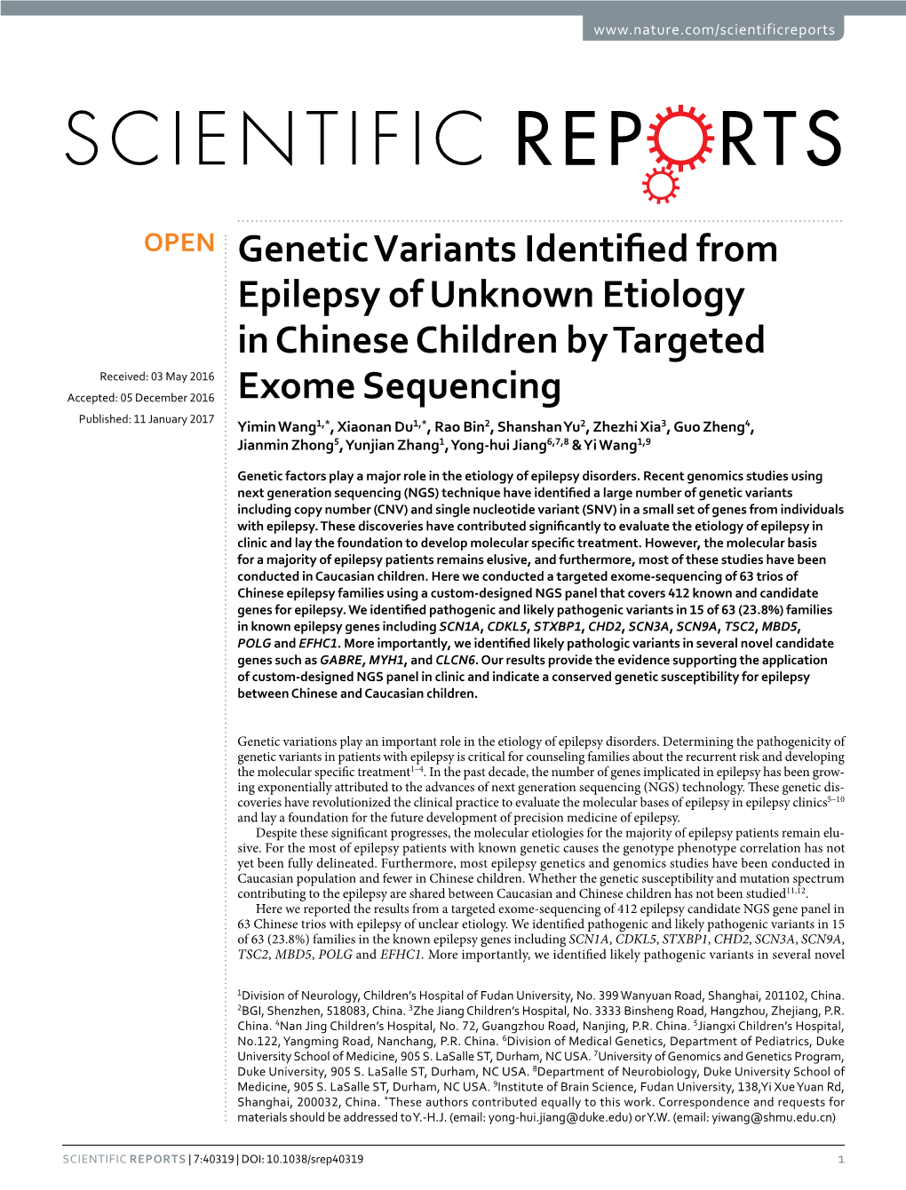 Genetic Variants Identified from Epilepsy of Unknown Etiology In