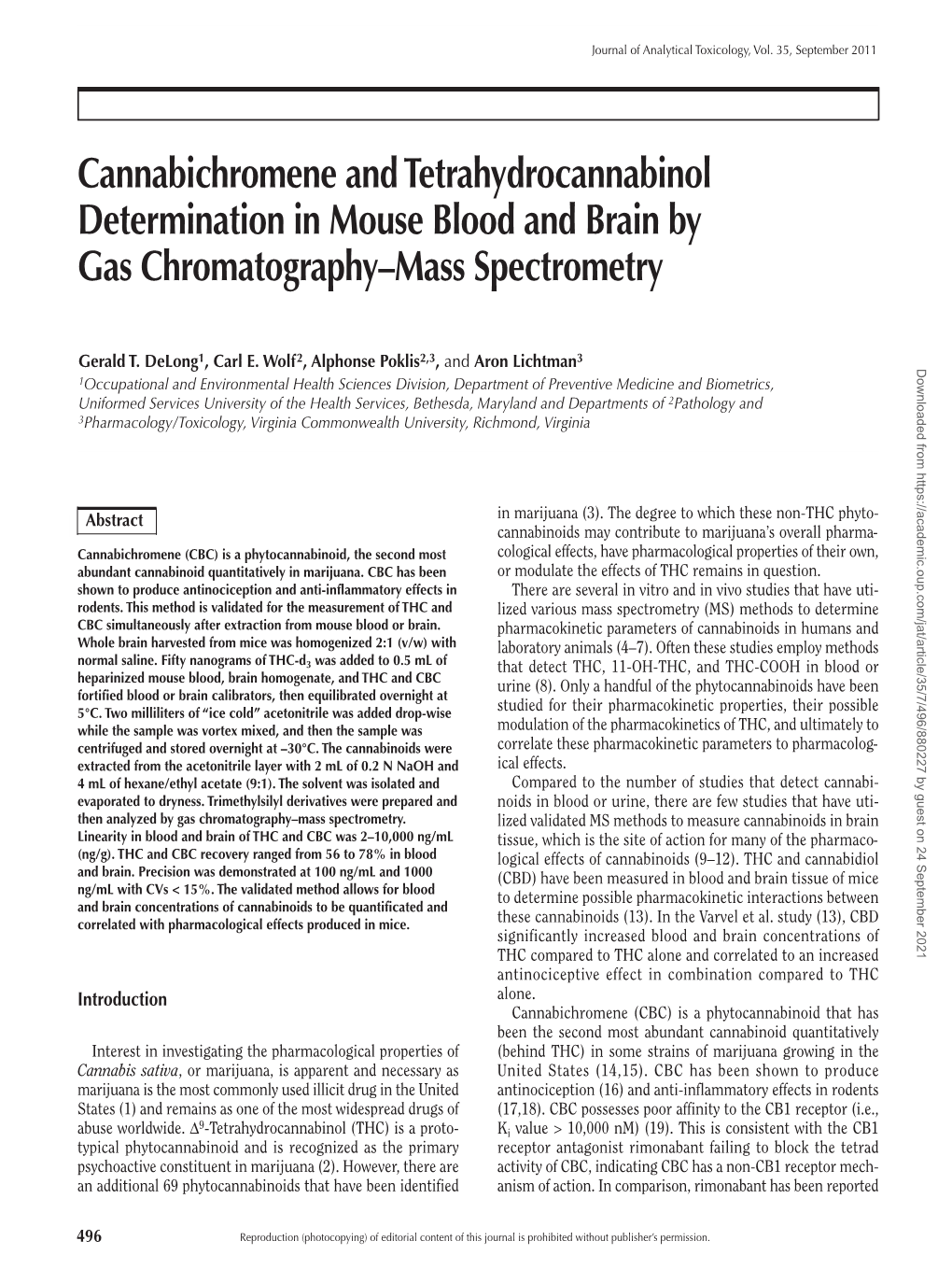 Cannabichromene and Tetrahydrocannabinol Determination in Mouse Blood and Brain by Gas Chromatography–Mass Spectrometry