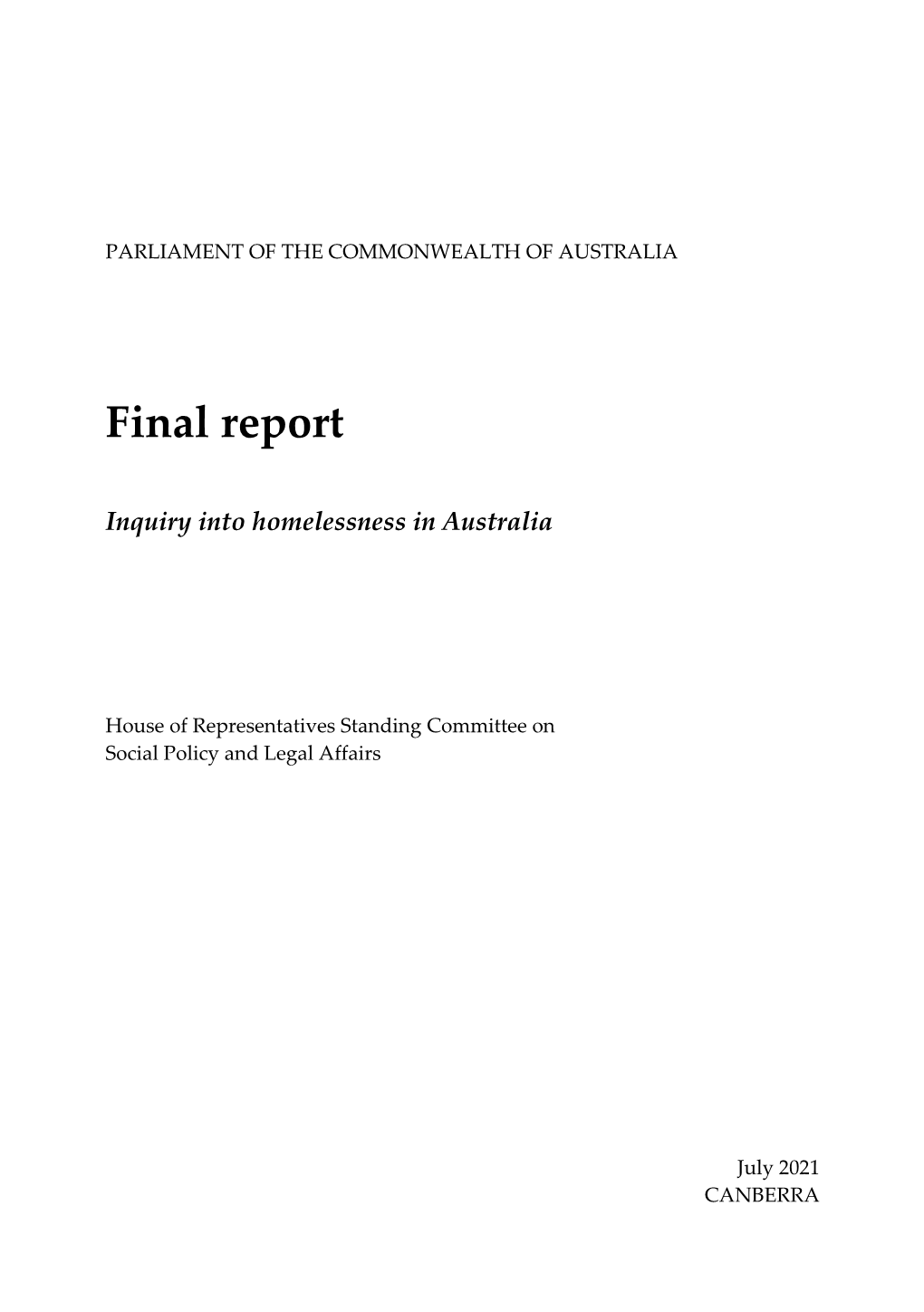 Inquiry Into Homelessness in Australia: Final Report