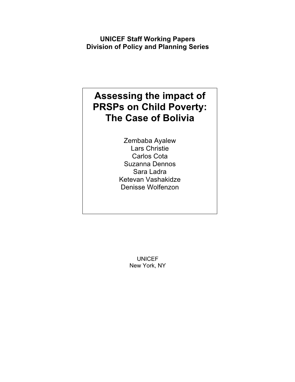 Assessing the Impact of Prsps on Child Poverty: the Case of Bolivia