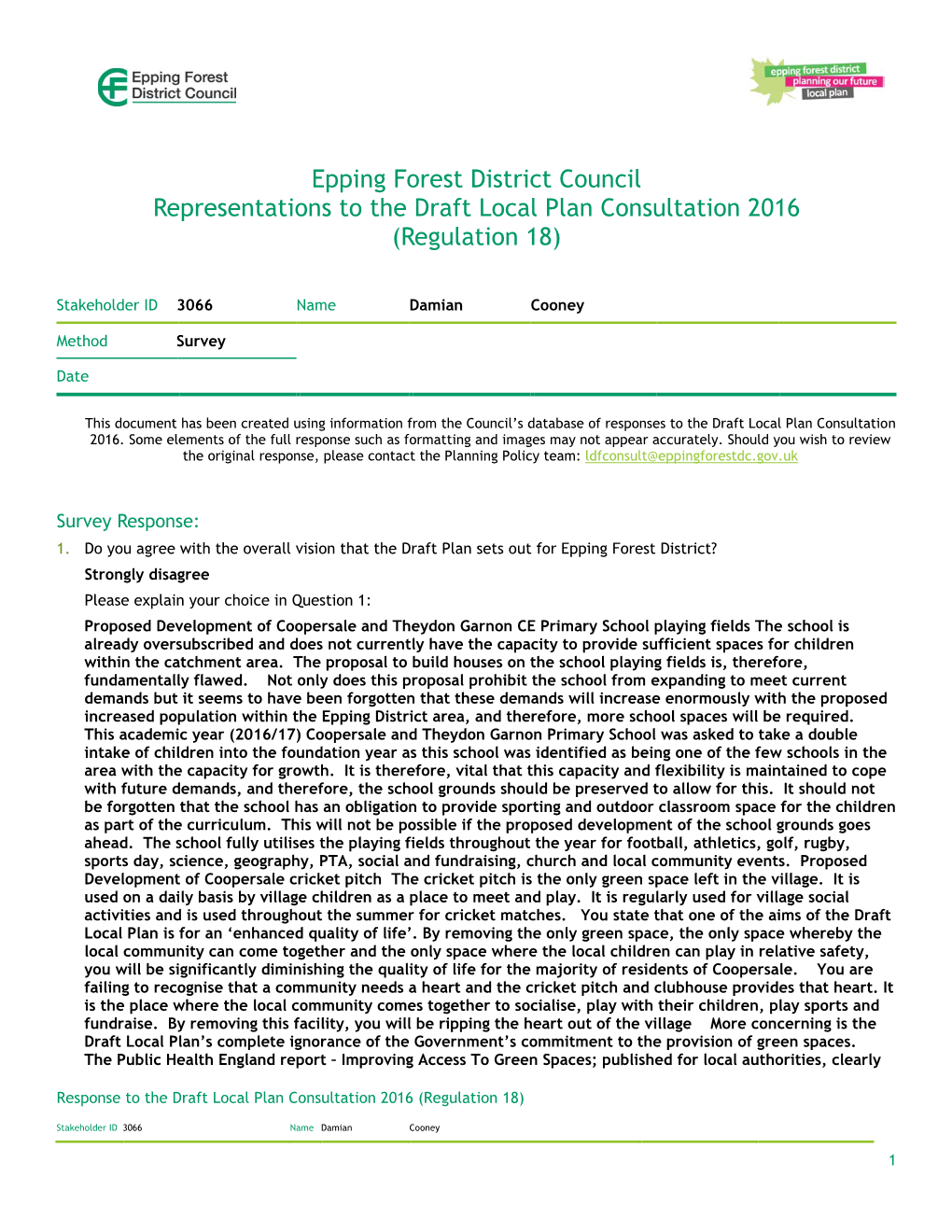 Epping Forest District Council Representations to the Draft Local Plan Consultation 2016 (Regulation 18)