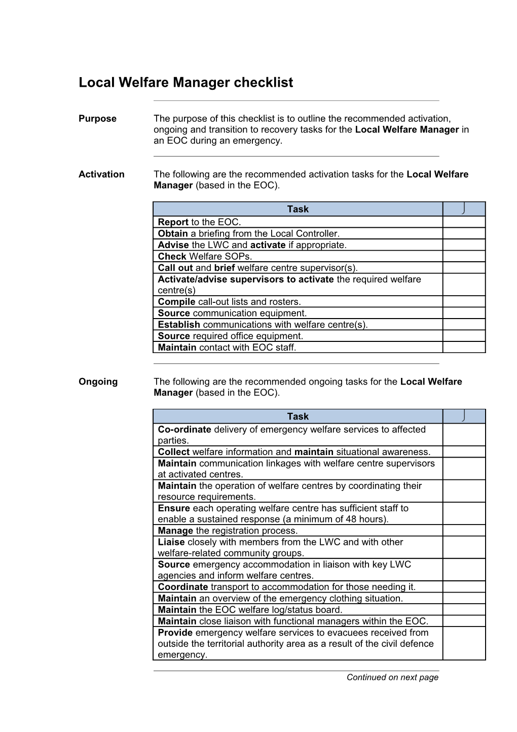 Local Welfare Manager Checklist