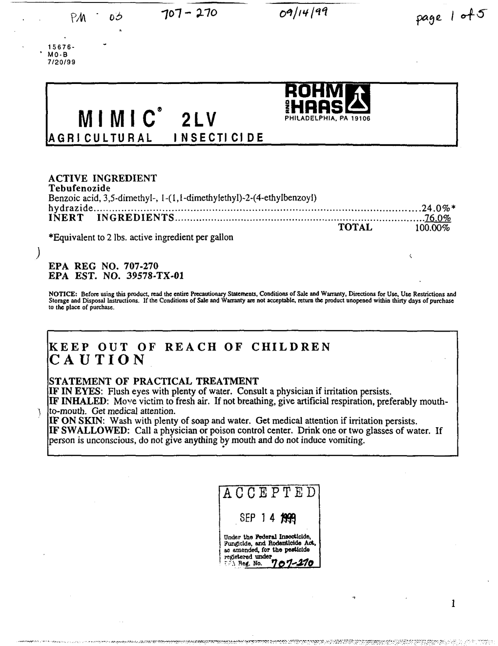 U.S. EPA, Pesticide Product Label, , 09/14/1999