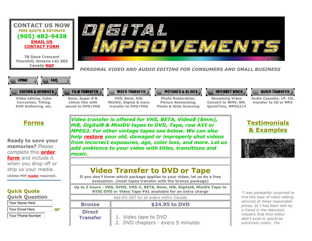 Video Transfer to DVD Or Tape (Adobe PDF Reader Required)