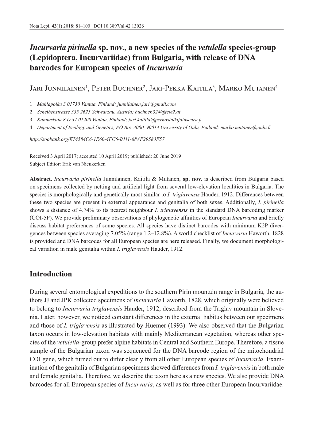 Sp. Nov., a New Species of the Vetulella Species-Group (Lepidoptera, Incurvariidae) from Bulgaria, with Release of DNA Barcodes for European Species of Incurvaria