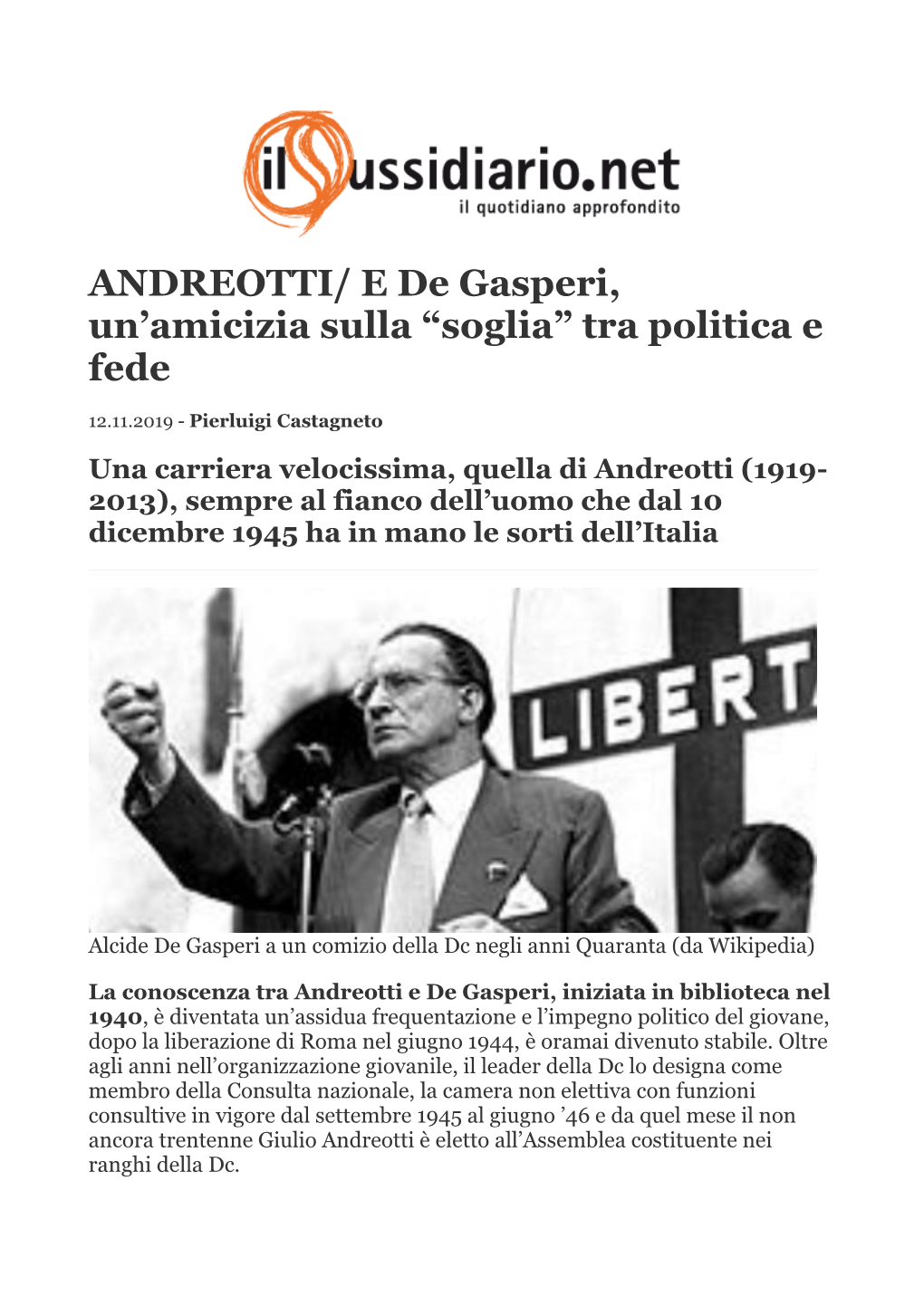 ANDREOTTI/ E De Gasperi, Un'amicizia Sulla “Soglia” Tra Politica E Fede