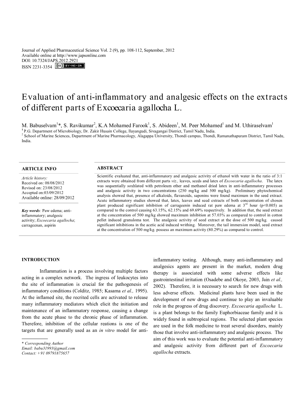 Evaluation of Anti-Inflammatory and Analgesic Effects on the Extracts of Different Parts of Excoecaria Agallocha L