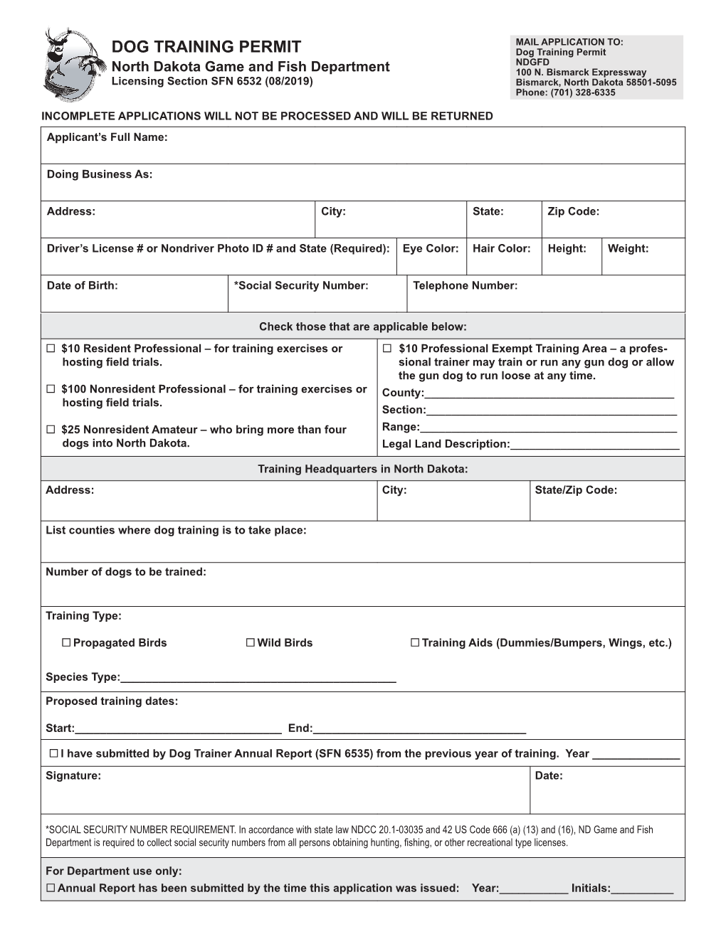 Dog Training Permit Application