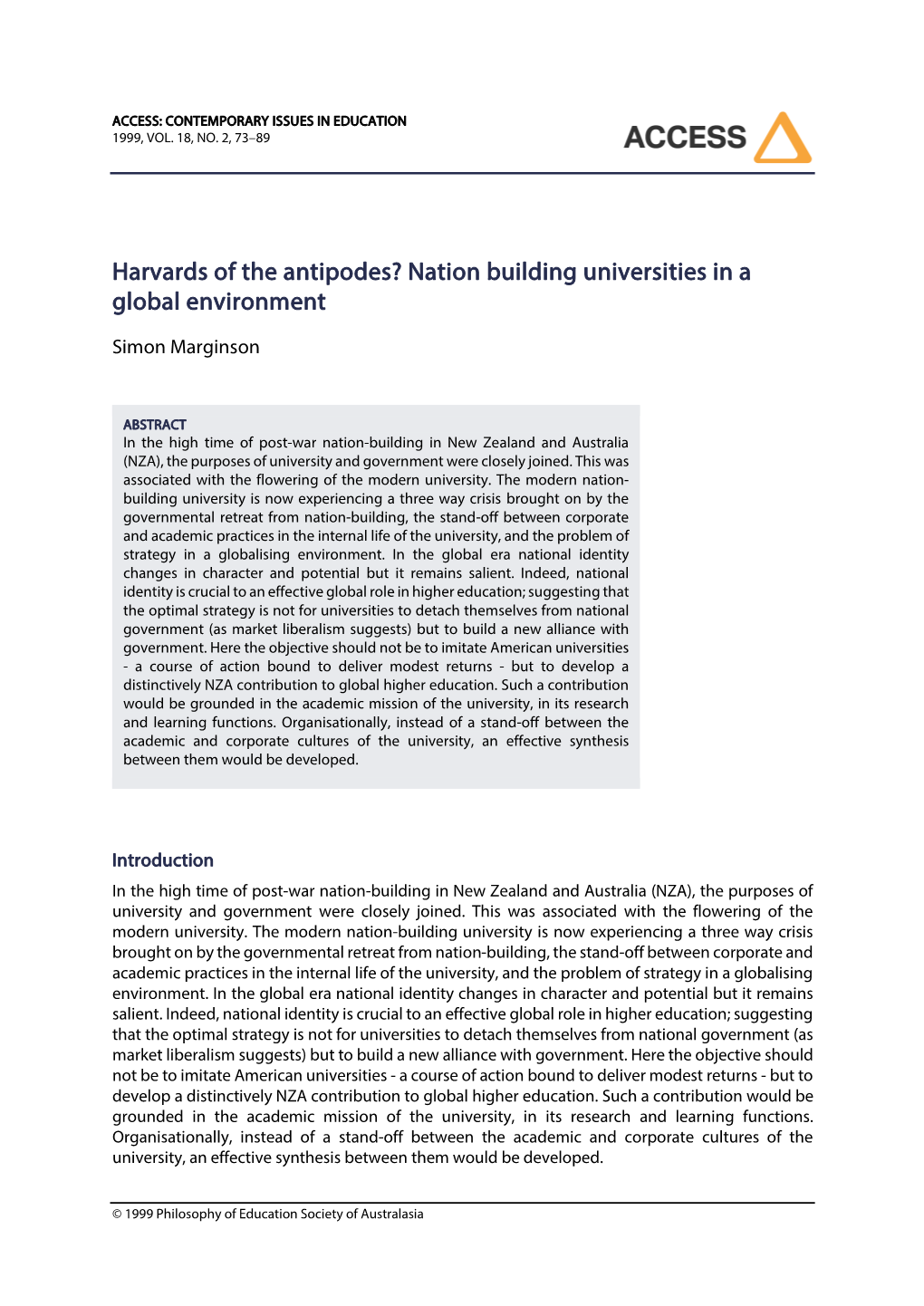 Nation Building Universities in a Global Environment