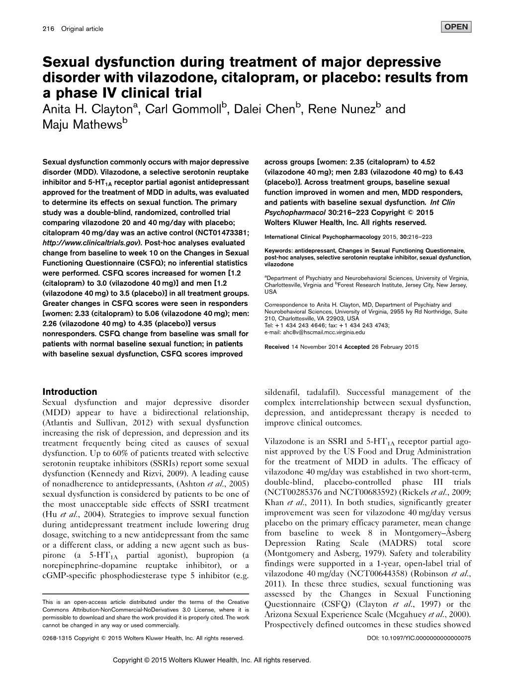 Sexual Dysfunction During Treatment of Major Depressive Disorder with Vilazodone, Citalopram, Or Placebo: Results from a Phase IV Clinical Trial Anita H