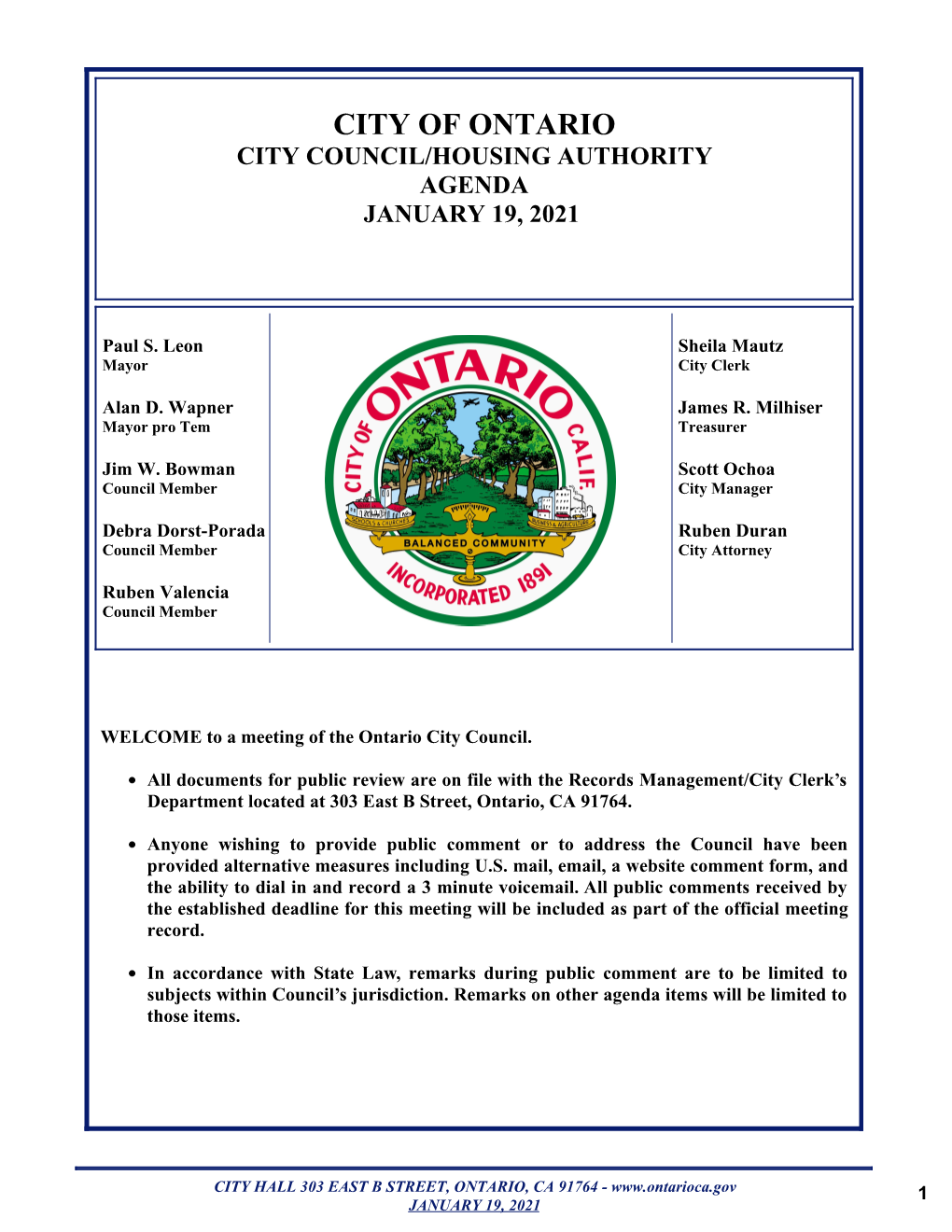 City of Ontario City Council/Housing Authority Agenda January 19, 2021