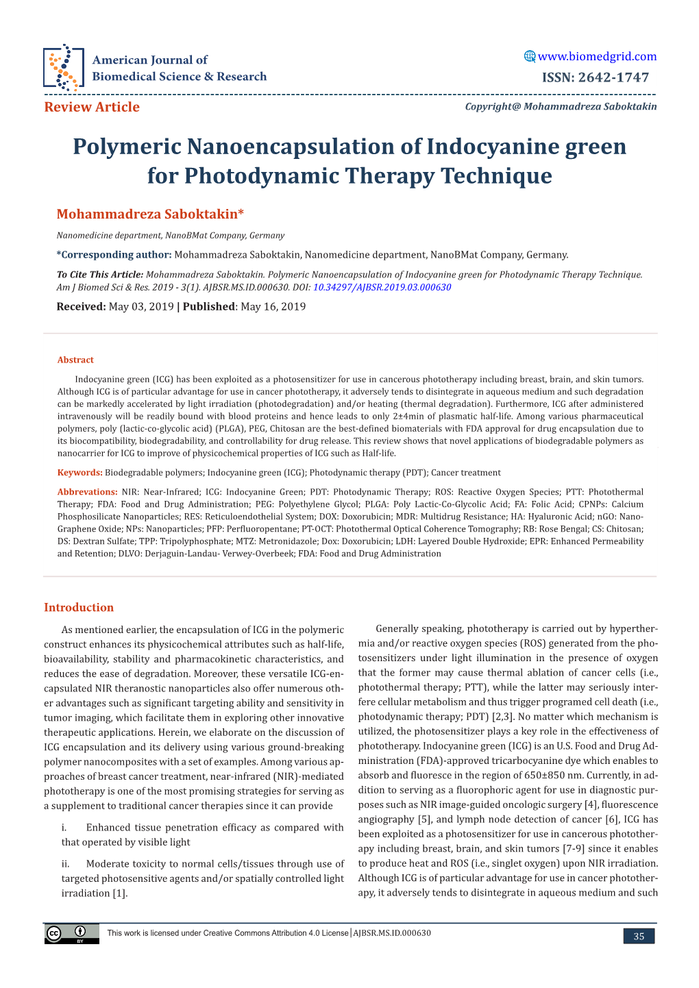 Polymeric Nanoencapsulation of Indocyanine Green for Photodynamic Therapy Technique