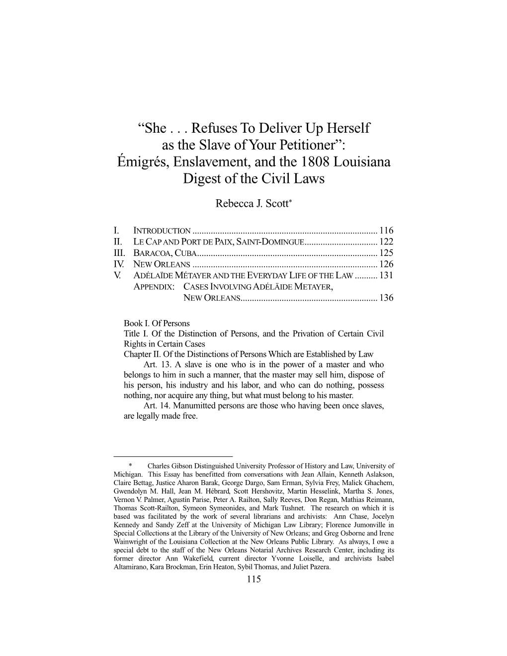 “She . . . Refuses to Deliver up Herself As the Slave of Your Petitioner”: Émigrés, Enslavement, and the 1808 Louisiana Digest of the Civil Laws