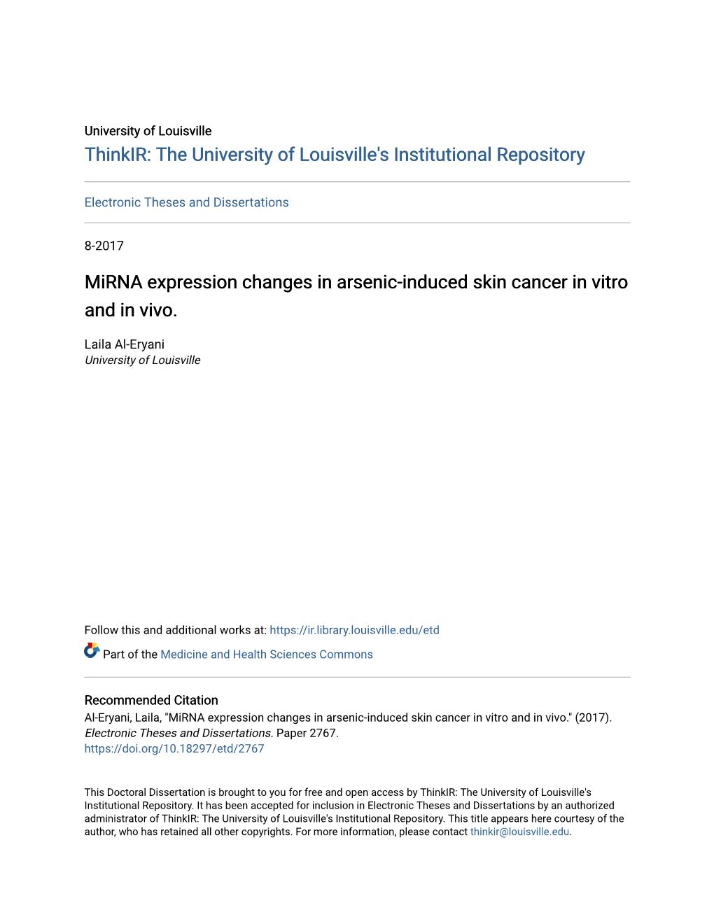 Mirna Expression Changes in Arsenic-Induced Skin Cancer in Vitro and in Vivo