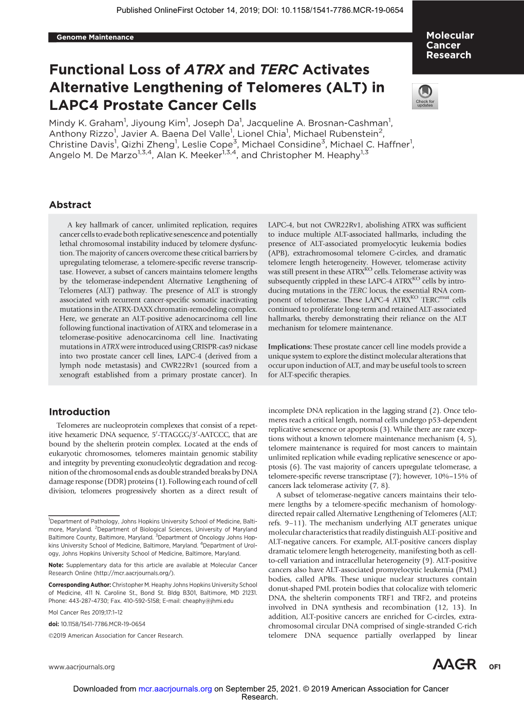 Functional Loss of ATRX and TERC Activates Alternative Lengthening of Telomeres (ALT) in LAPC4 Prostate Cancer Cells Mindy K