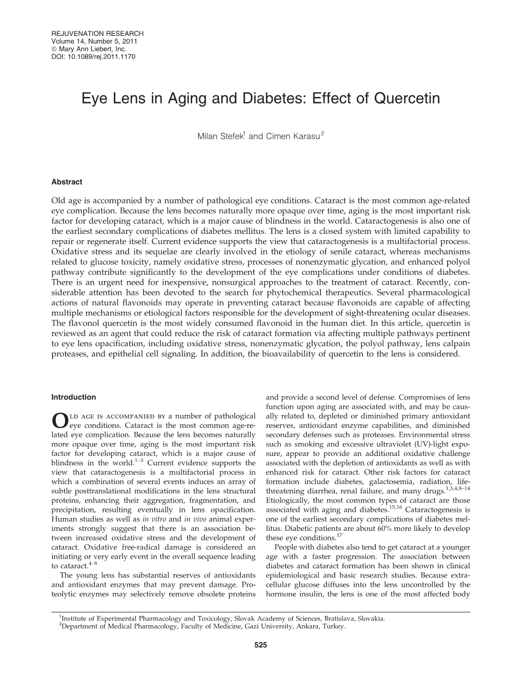 Eye Lens in Aging and Diabetes: Effect of Quercetin