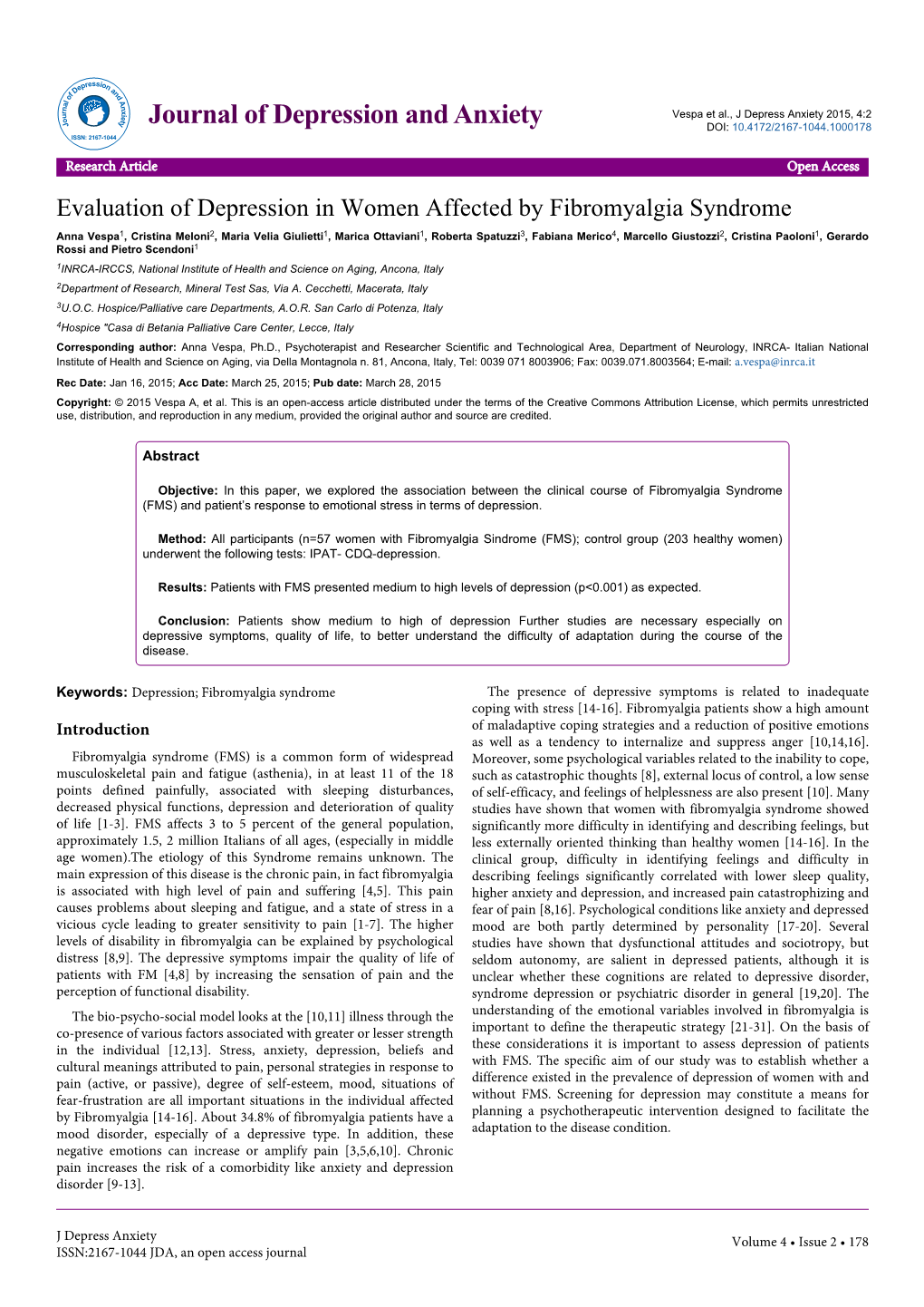 Evaluation of Depression in Women Affected by Fibromyalgia Syndrome