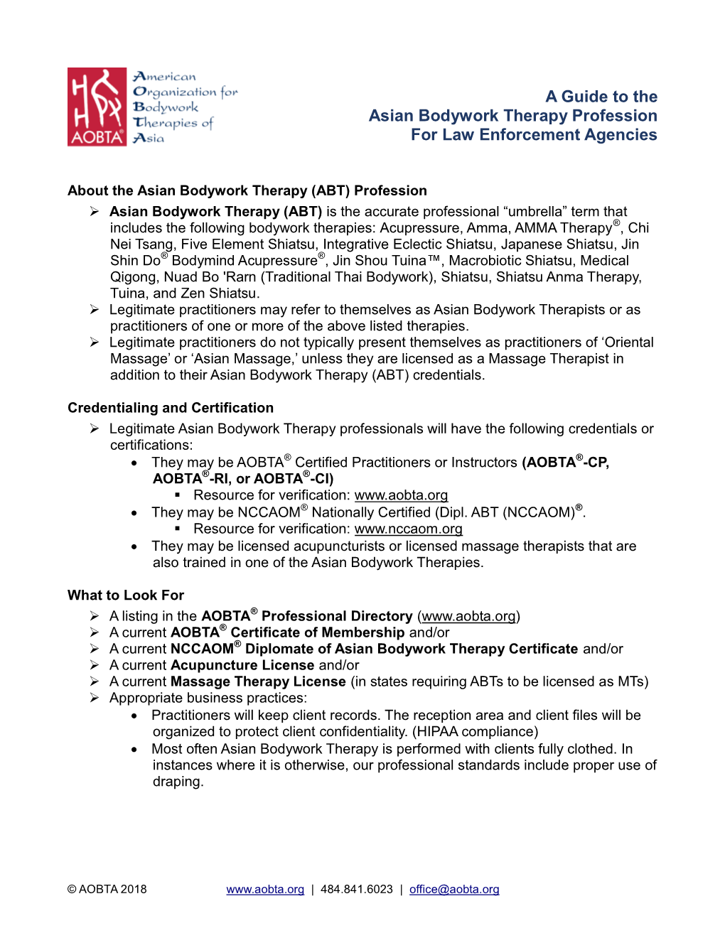 A Guide to the Asian Bodywork Therapy Profession for Law Enforcement Agencies