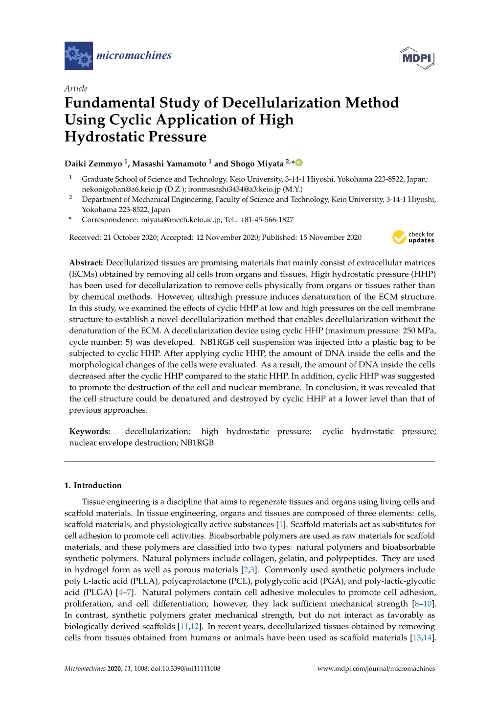 Fundamental Study of Decellularization Method Using Cyclic Application of High Hydrostatic Pressure