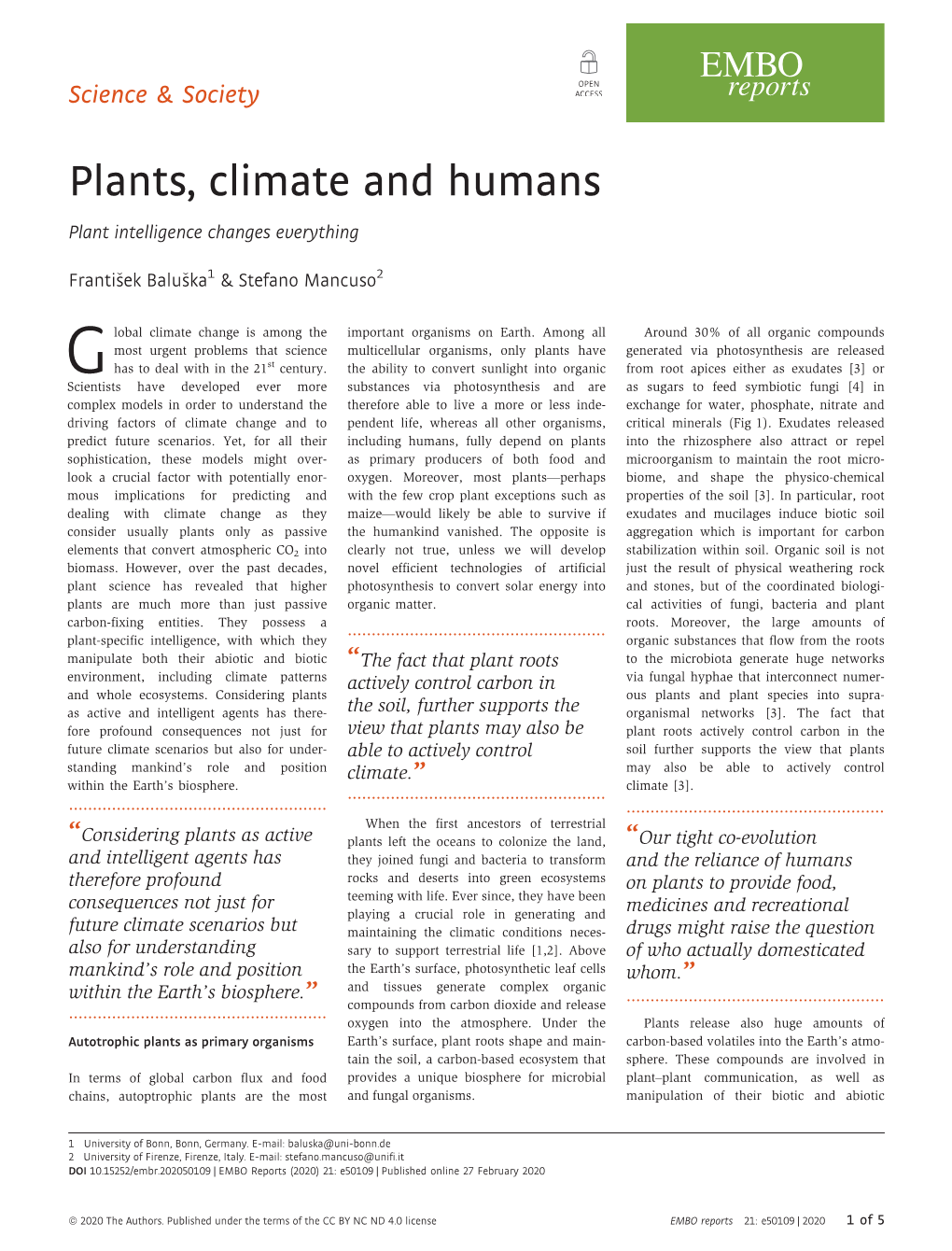 Plants, Climate and Humans