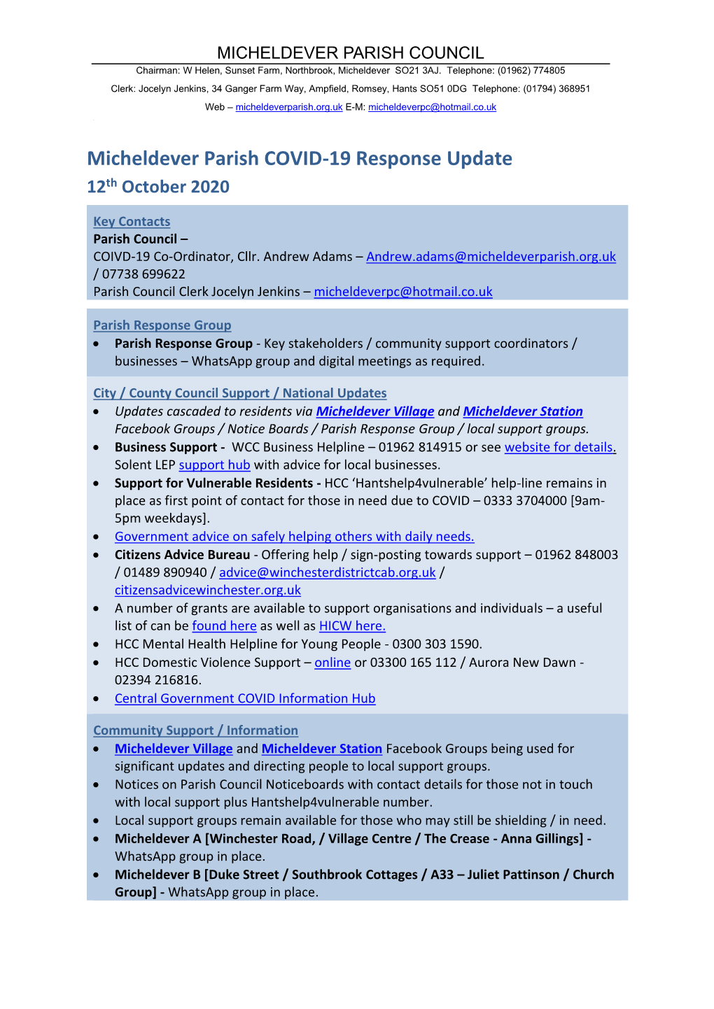 Micheldever Parish COVID-19 Response Update 12Th October 2020