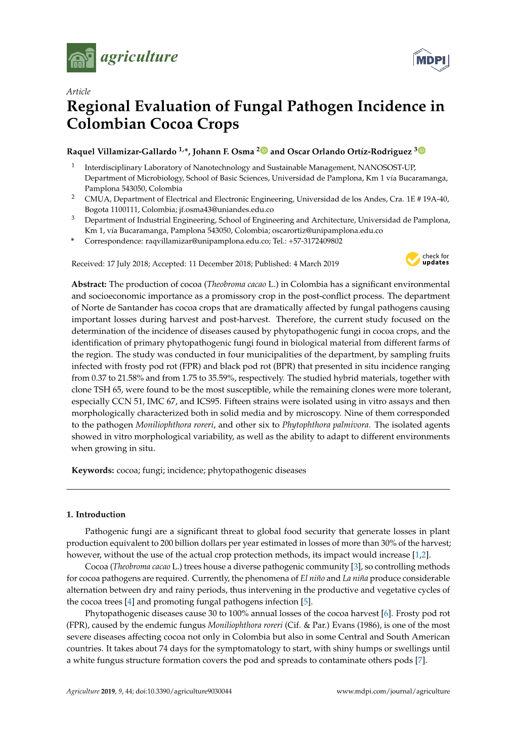 Regional Evaluation of Fungal Pathogen Incidence in Colombian Cocoa Crops