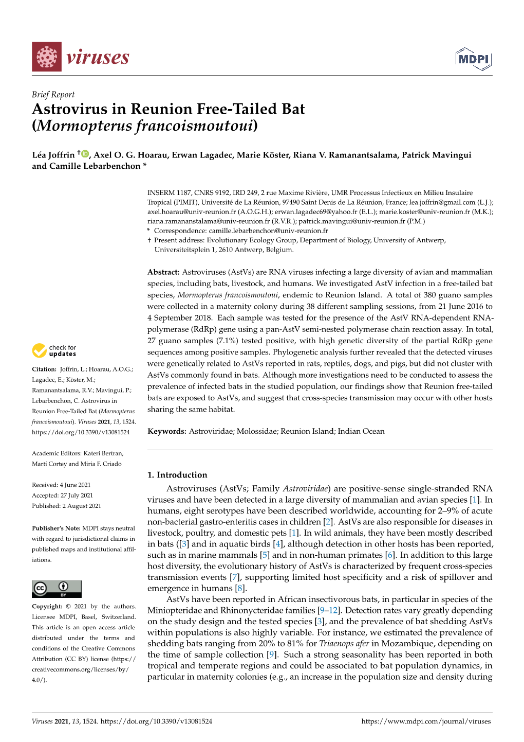 Astrovirus in Reunion Free-Tailed Bat (Mormopterus Francoismoutoui)