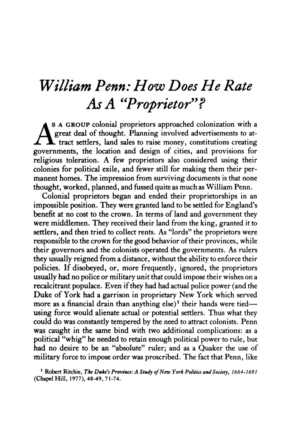 William Penn: How Does He Rate As a "Proprietor"?