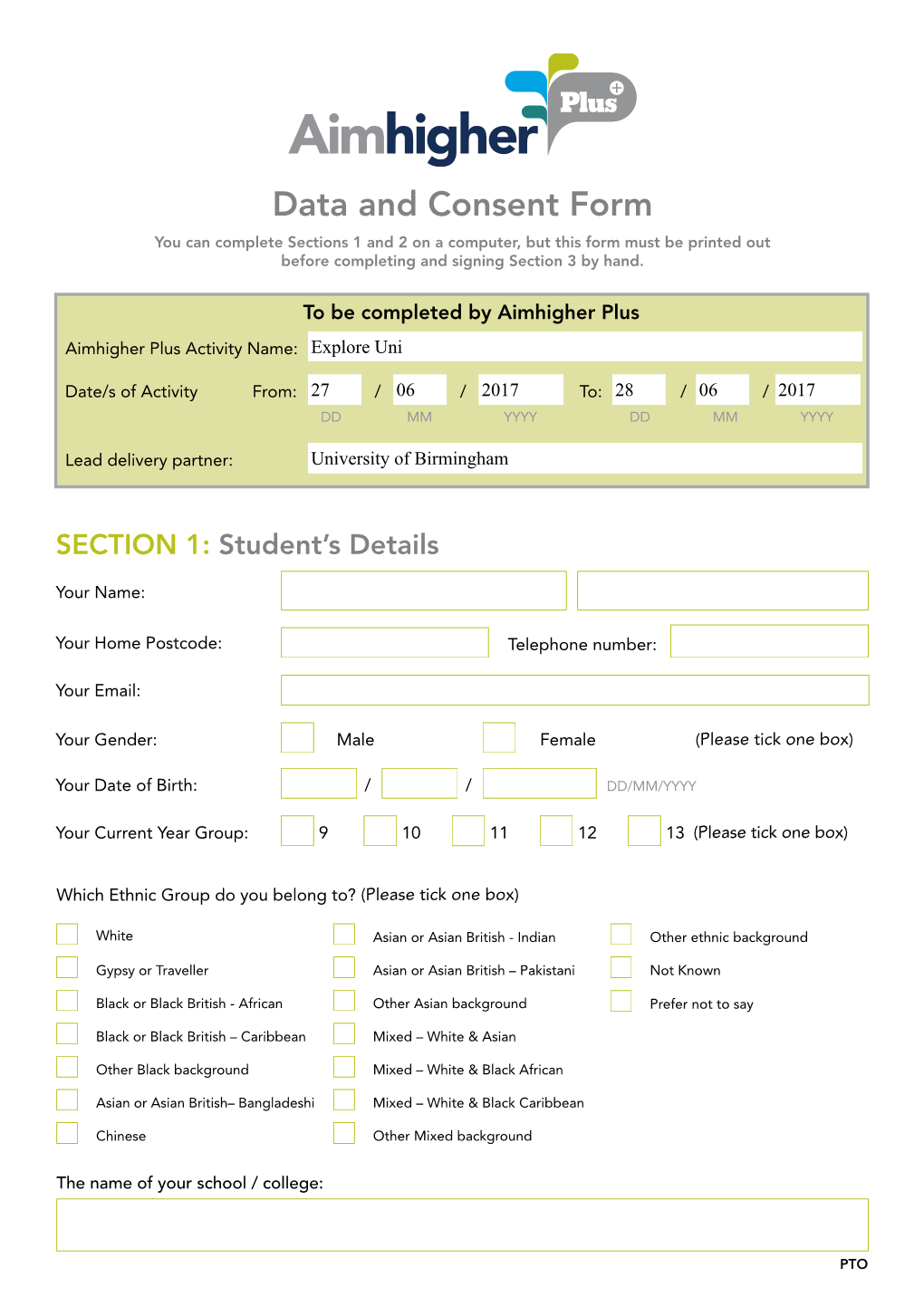 Data and Consent Form You Can Complete Sections 1 and 2 on a Computer, but This Form Must Be Printed out Before Completing and Signing Section 3 by Hand
