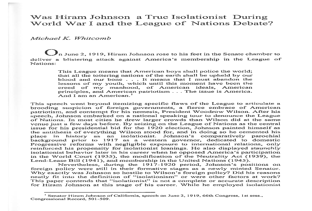 Was Hiram Johnson a True Isolationist During World War I and the League of Nations Debate?