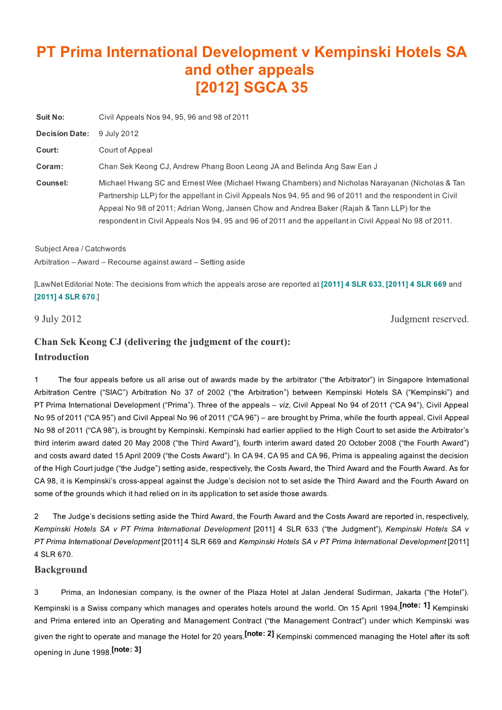 PT Prima International Development V Kempinski Hotels SA and Other Appeals [2012] SGCA 35