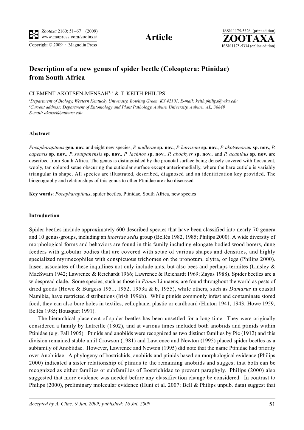 Zootaxa, Description of a New Genus of Spider Beetle