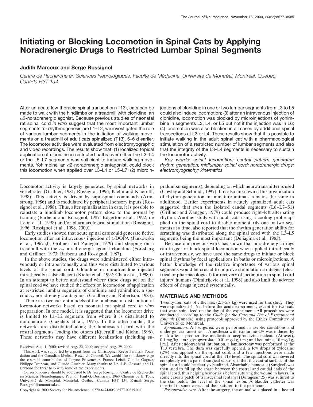 Initiating Or Blocking Locomotion in Spinal Cats by Applying Noradrenergic Drugs to Restricted Lumbar Spinal Segments