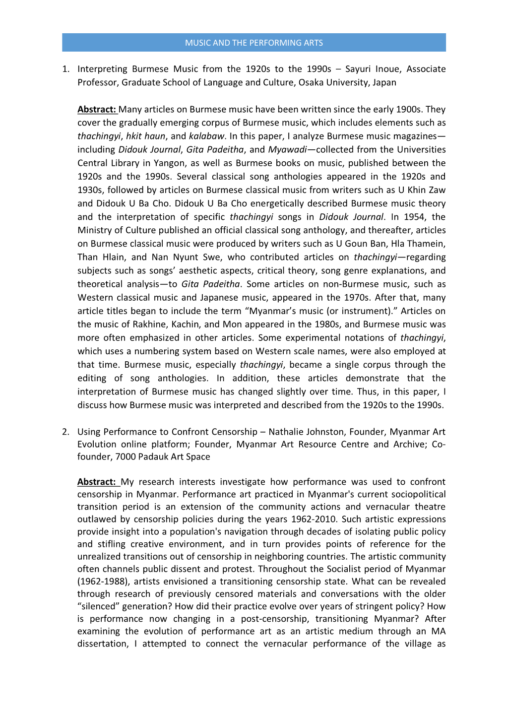 1. Interpreting Burmese Music from the 1920S to the 1990S – Sayuri Inoue, Associate Professor, Graduate School of Language and Culture, Osaka University, Japan