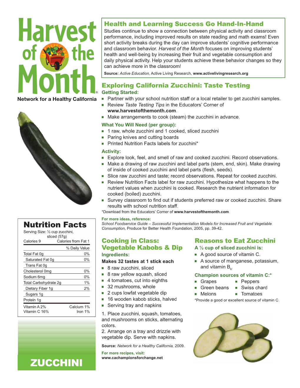 Zucchini: Taste Testing Getting Started: Network for a Healthy California ■ Partner with Your School Nutrition Staff Or a Local Retailer to Get Zucchini Samples