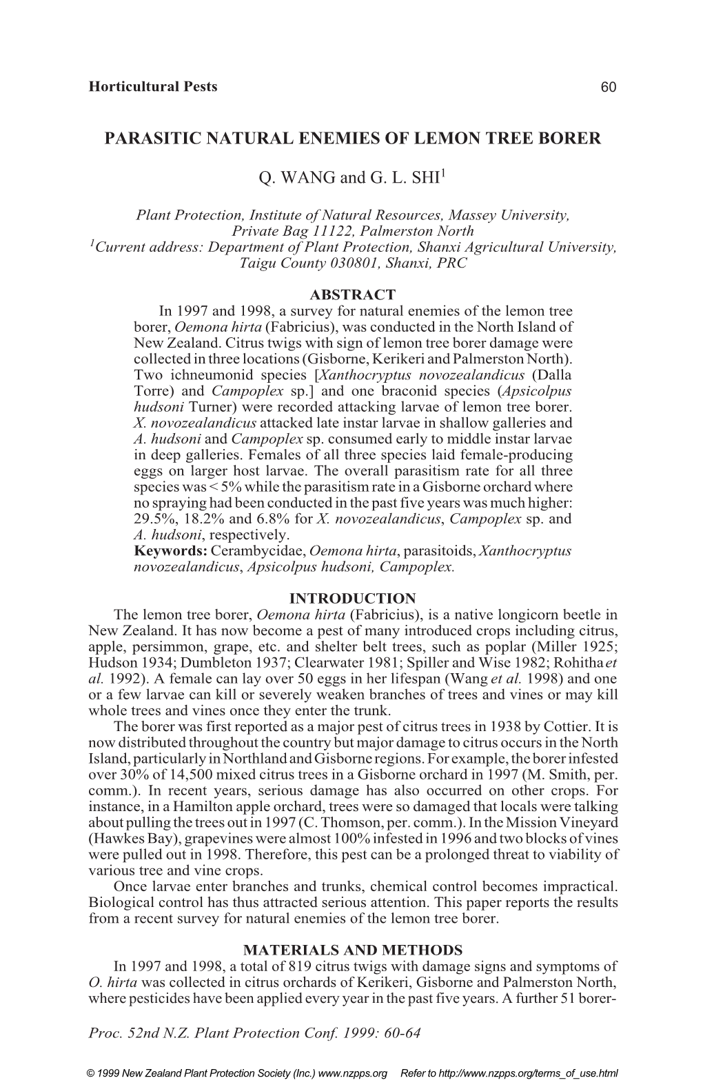 Parasitic Natural Enemies of Lemon Tree Borer Q. Wang