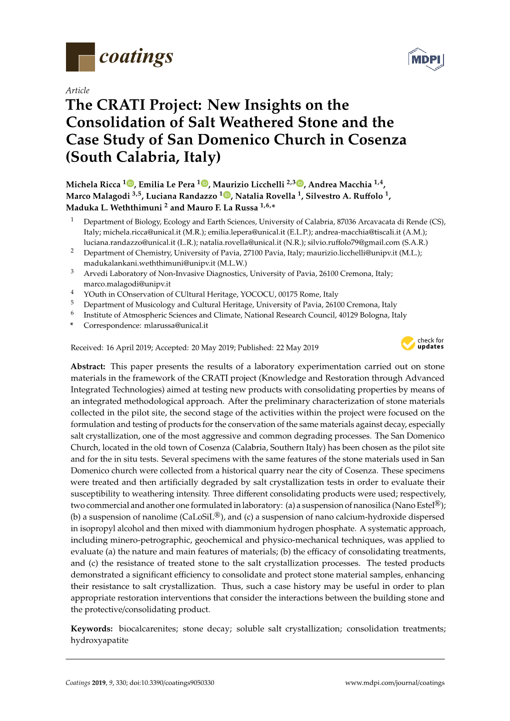 The CRATI Project: New Insights on the Consolidation of Salt Weathered Stone and the Case Study of San Domenico Church in Cosenza (South Calabria, Italy)